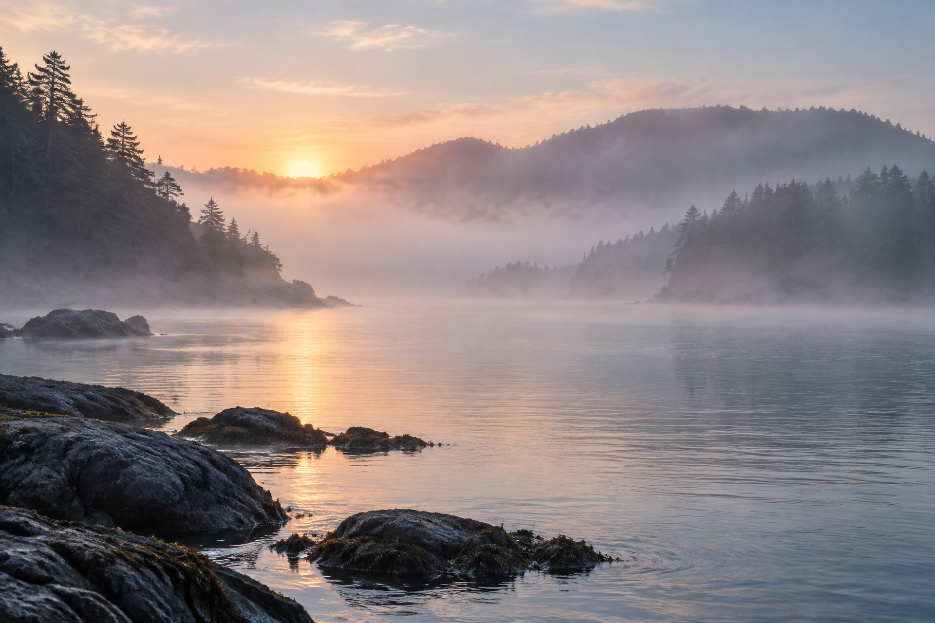 Morning mist over a quiet bay