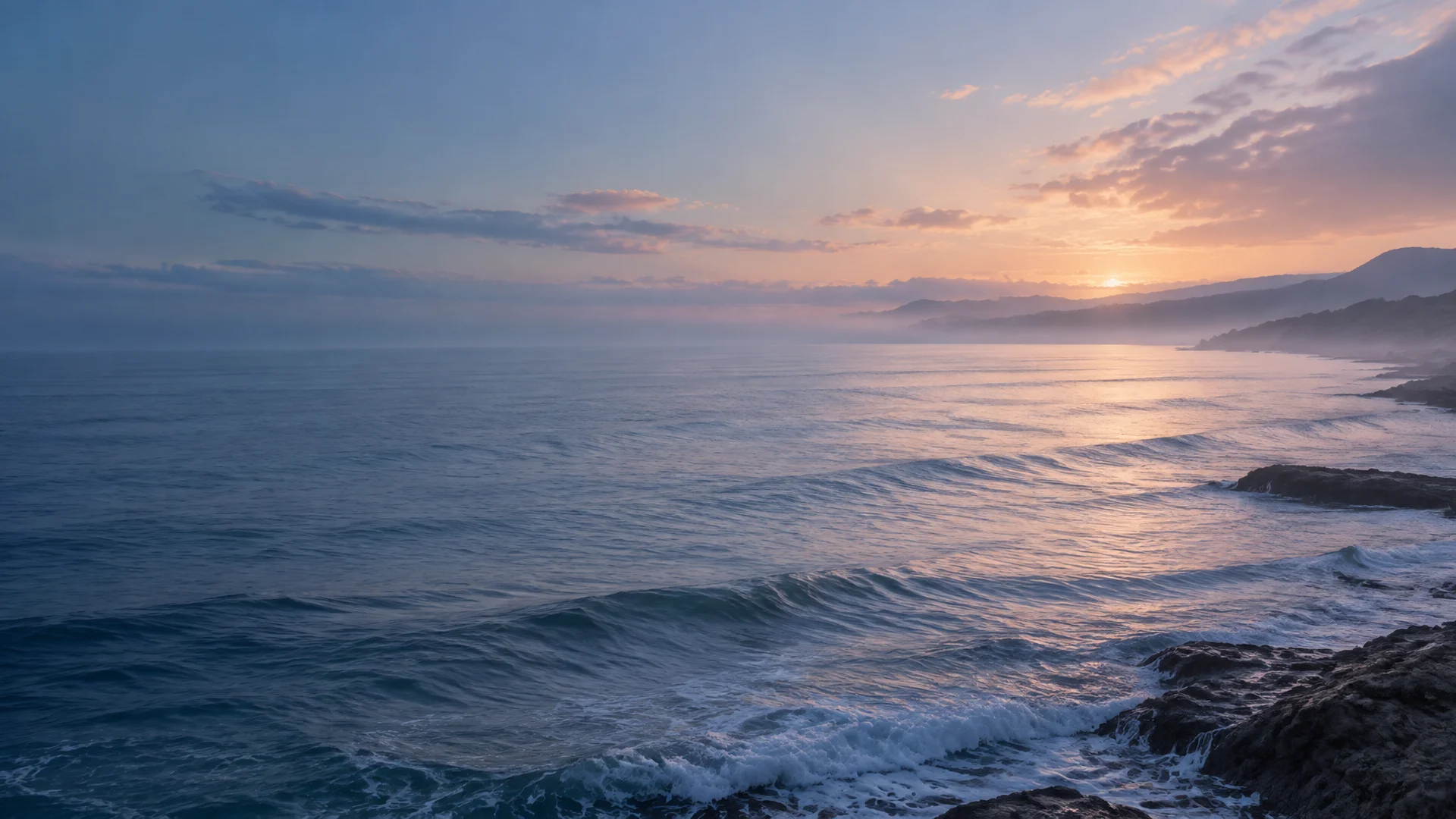 Ocean horizon at dawn with soft blush light