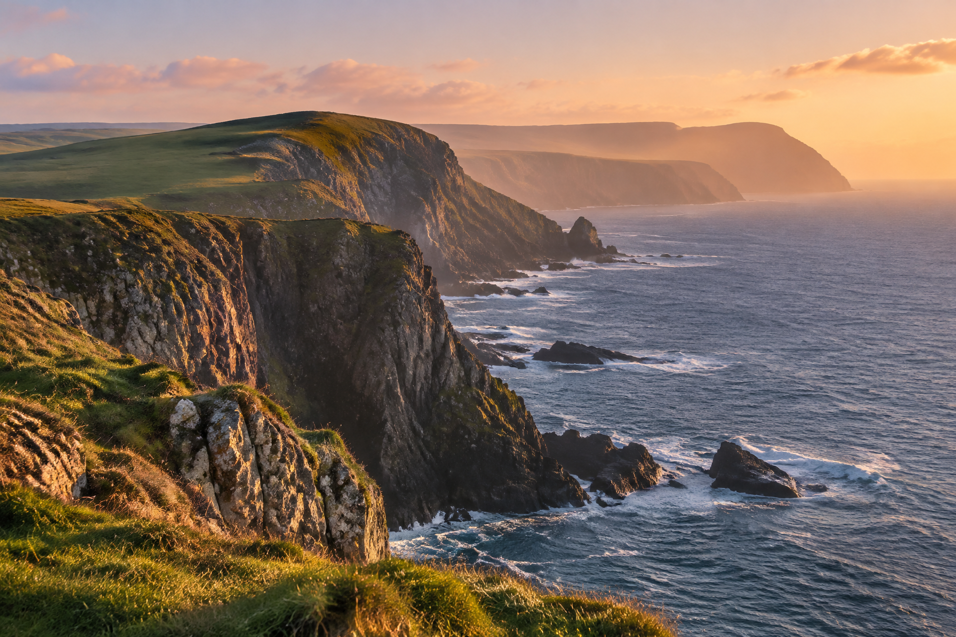 Sea cliffs at golden hour fading into haze