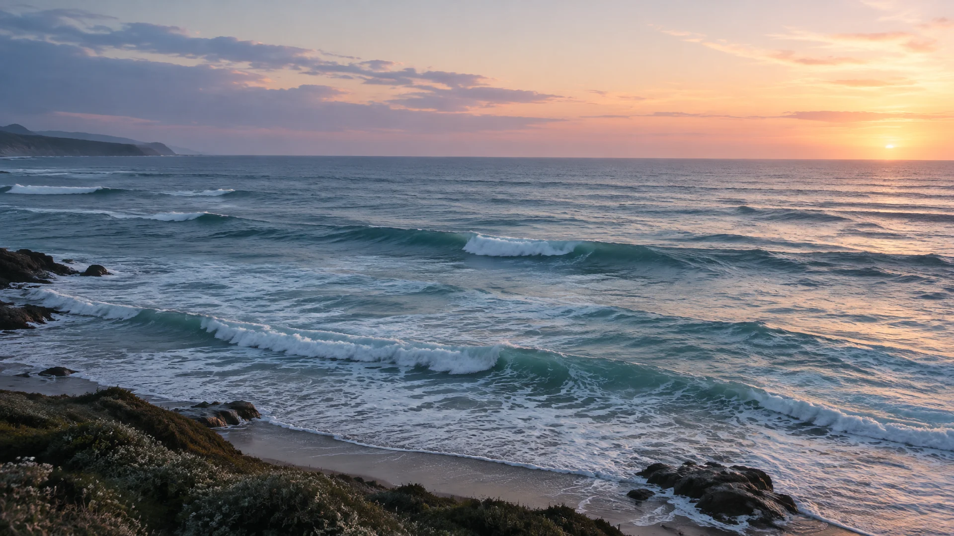 Soft ocean waves at dusk